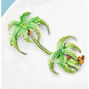 Tropical Palm Tree Brooch Green Enamel with Rhinestones